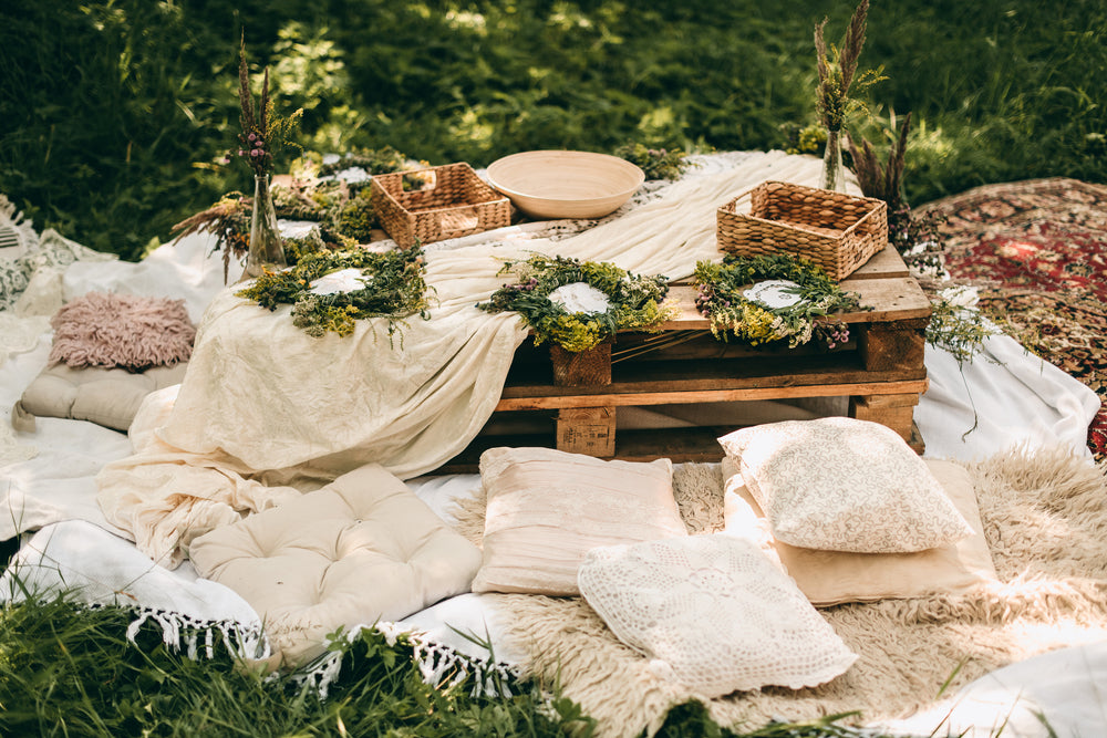 Beautiful boho-styled wedding picnic arrangement