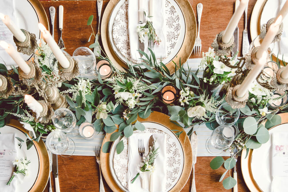 top view of winter wedding theme reception table