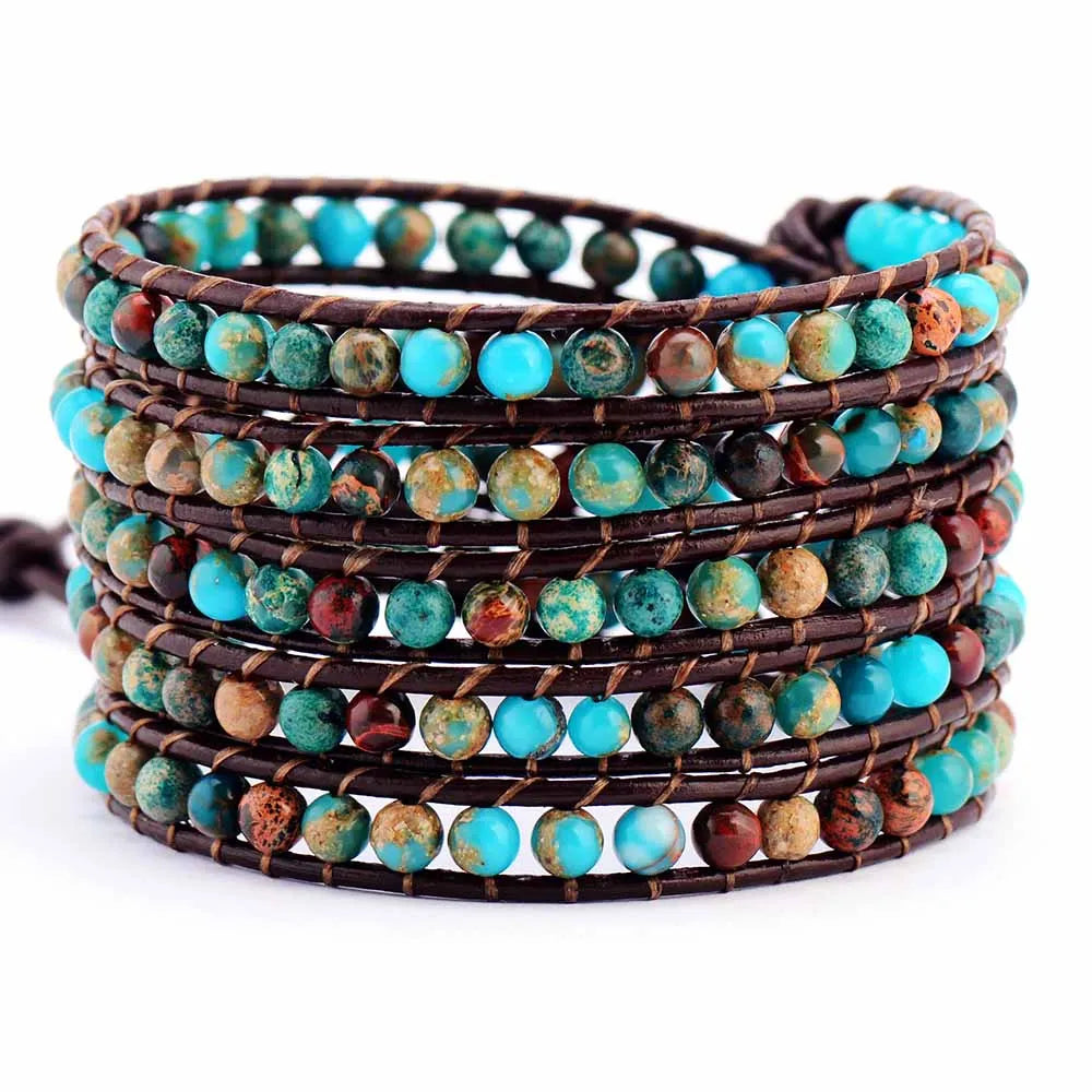Natural Stone Leather Wrap Bracelet - Semi Precious Stones