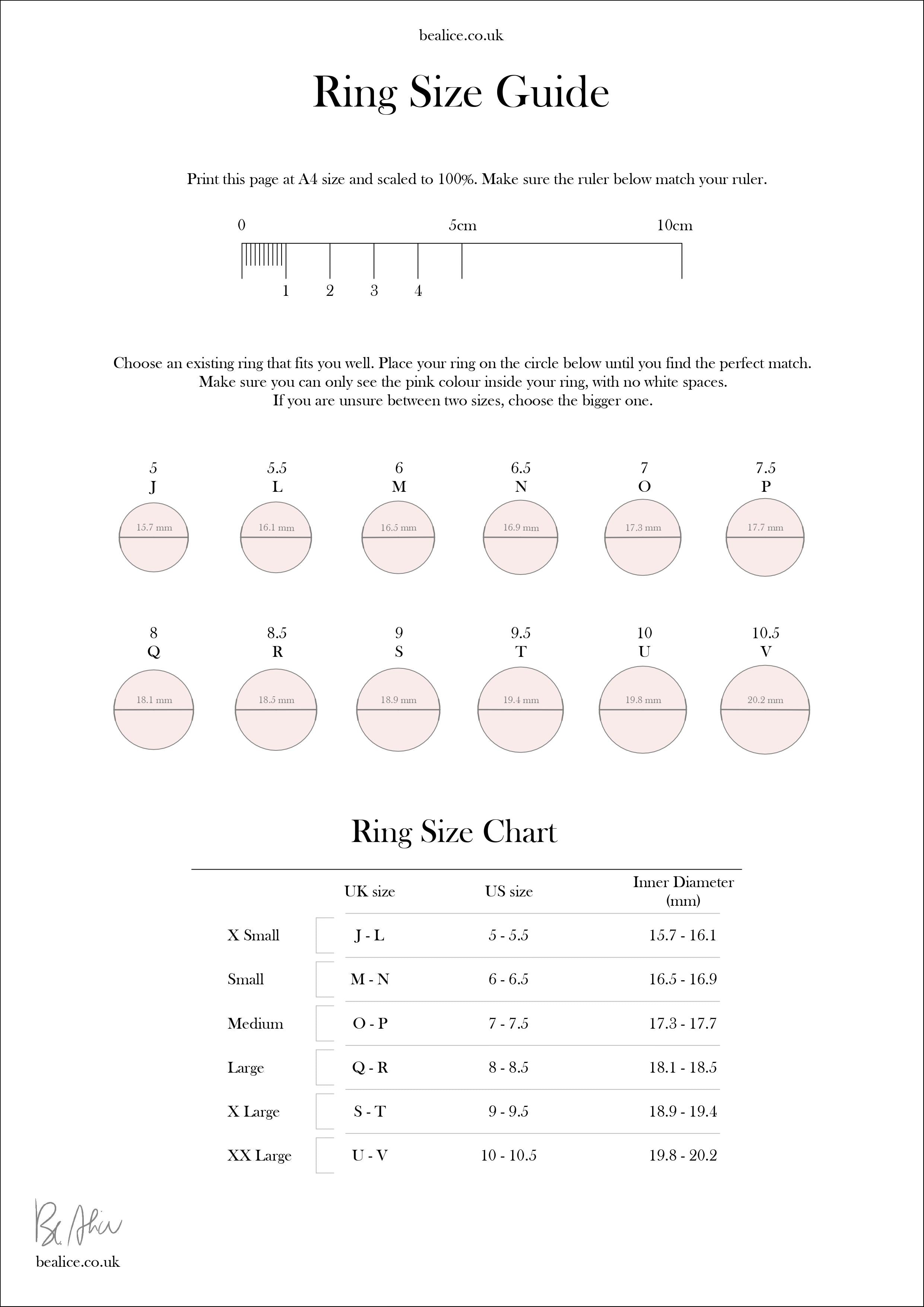 Be. Alice - Ring Size Guide