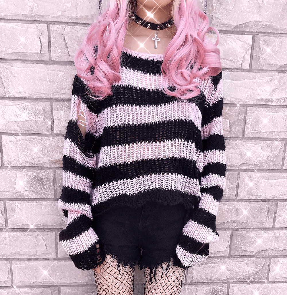 Pastel Goth Aesthetic Egirl Grunge Striped Light Pink Knitted Sweater –  Aesthetics Boutique