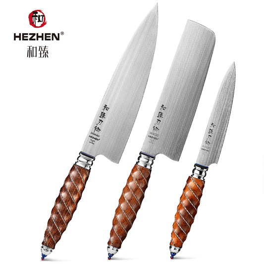 HEZHEN 7pcs Kitchen Knives Set Professional Forging Damascus High Carbon Steel Chef Knife Santoku Bread Knife Utility Knife Fruit Knife 3cr14