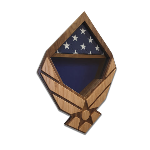 US Air Force Modern Wings Shadow Box in Walnut with Oak wings. Left angled view.
