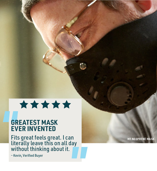 man wearing an rz mask m1 with text overlay of a customer review stating "Greatest Mask Ever Invented! Fits great, feels great. I can literally leave this thing on all day without thinking about it." -Kevin, Verified Buyer