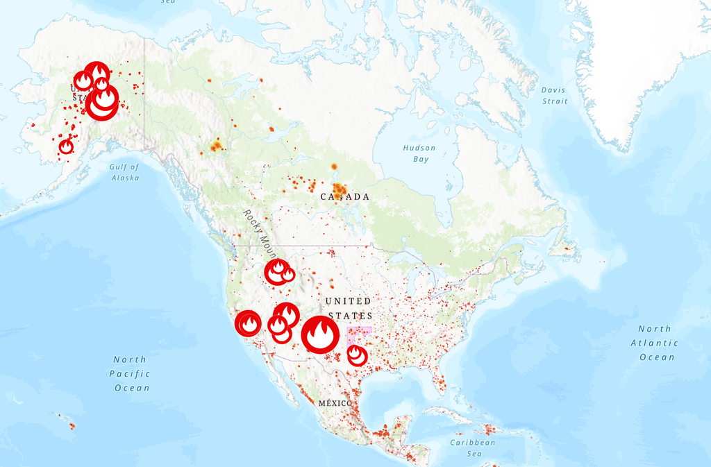 Map of active fires in North America
