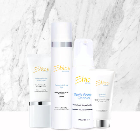 Ethos Skincare’s Starter Bundle, with cleanser, moisturizer, exfoliator, and SPF.