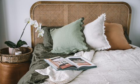 Neutral, luxe bedroom styling with Lurline Co. European Flax Linen bed sheets and cushions