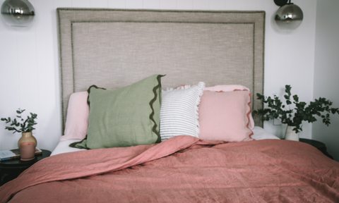 Coastal bedroom styled with Lurline Co. European Flax Linen sheets and cushions