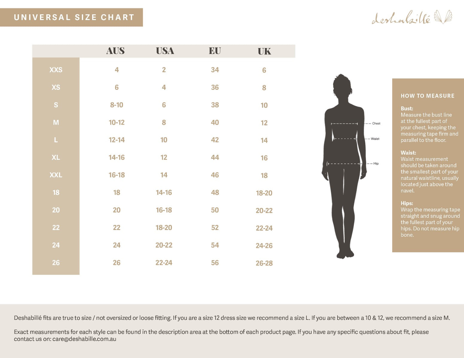 Universal size chart