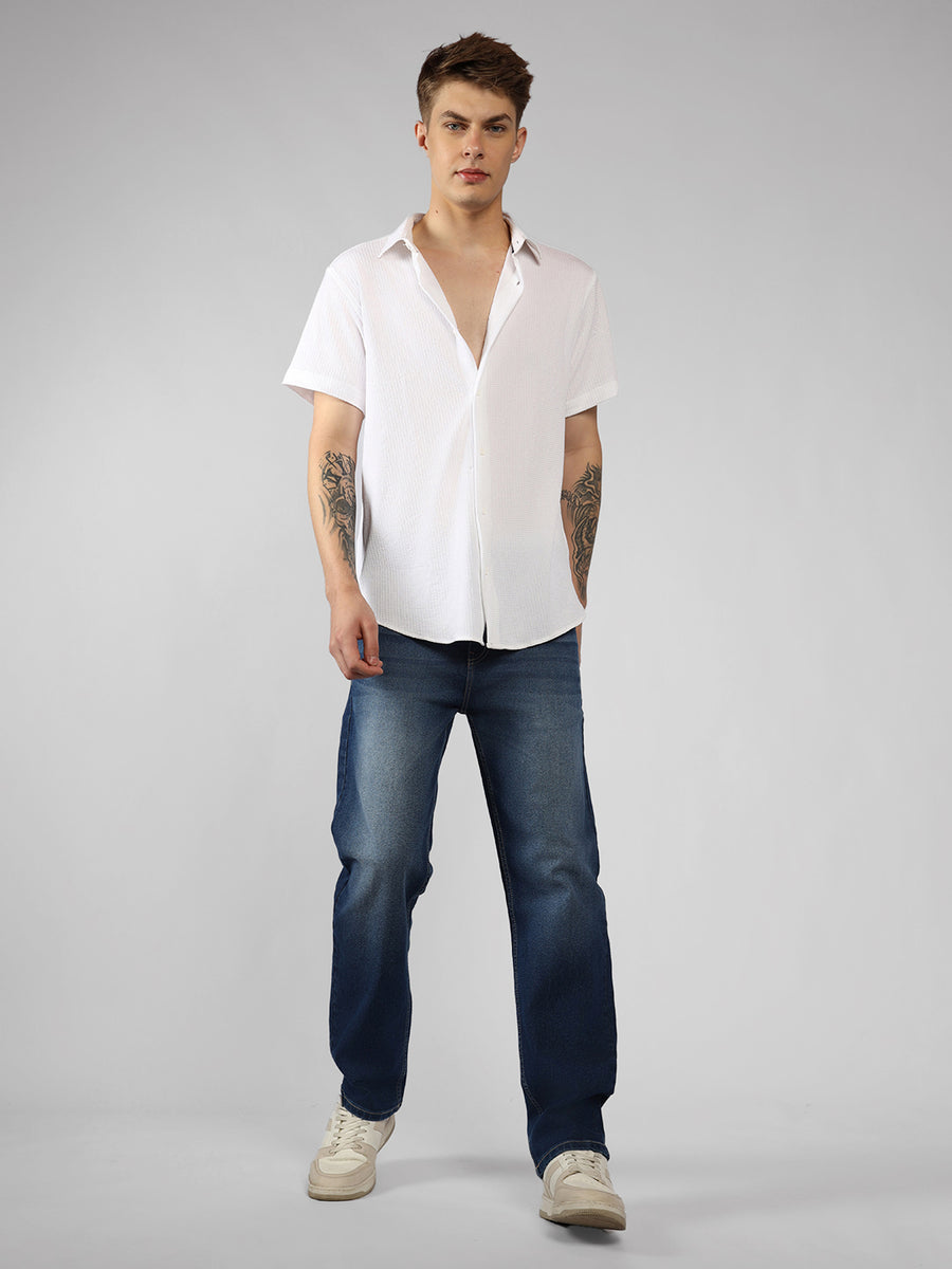 Men's White Solid Spread Collar Half Sleeves Casual Shirt