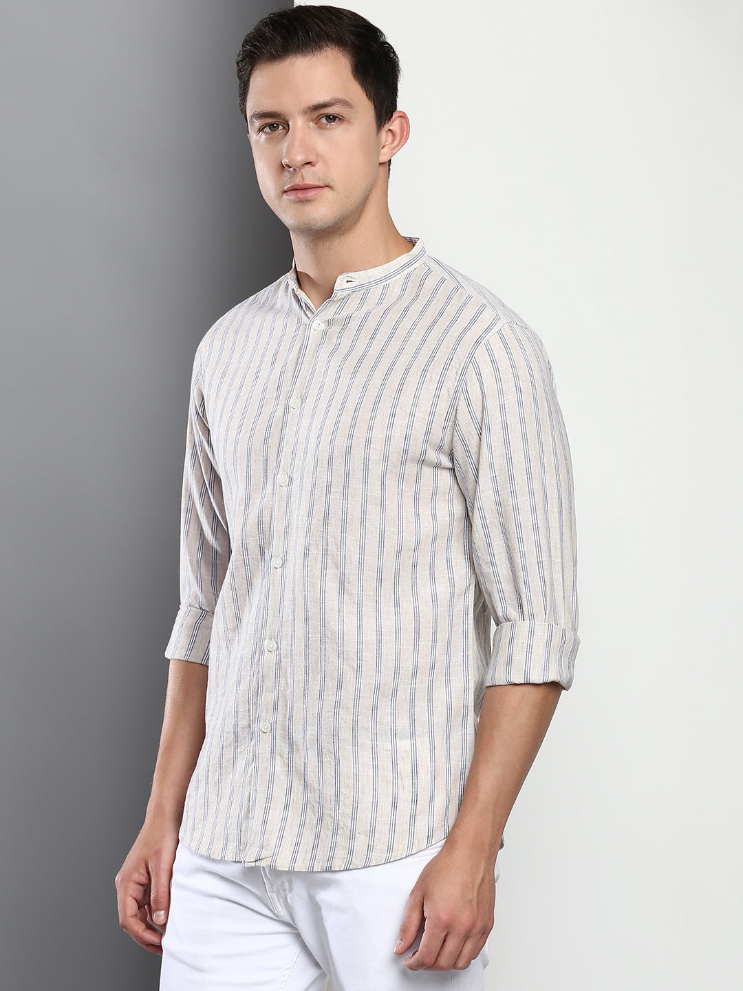 Men's Stripes Fawn Slim Fit Linen Casual Shirt with Mandarin Collar ...