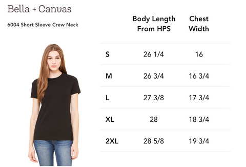 Size chart for Bella+Canvas 6004 Tshirt