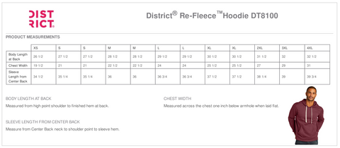 Size chart for District Re-Fleece relaxed fit hoodies