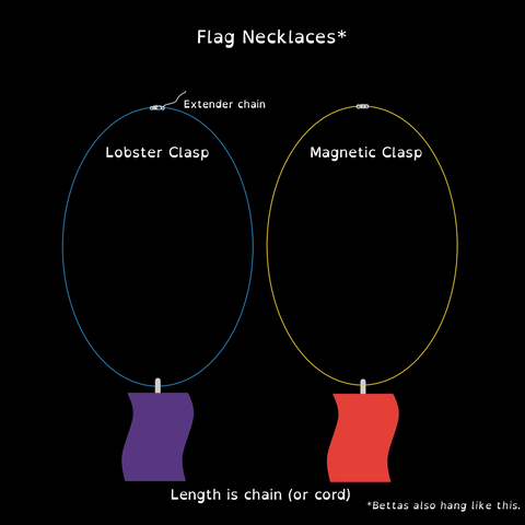 Graphic of two flag necklaces, one with lobster clasp, the other with a magnetic clasp.