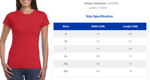 Size chart for Gildan 64000L Tshirt