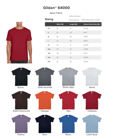 Image of a masculine torso wearing a tshirt. Beside that is a size chart. Below, 3 rows of 4 tshirts, showing colours.