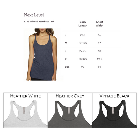 Size chart for Next Level 6733 Racerback tank