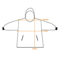 Diagram of a hoodie laid out with the arms spread. It shows the measurements across shoulders, chest, and length.