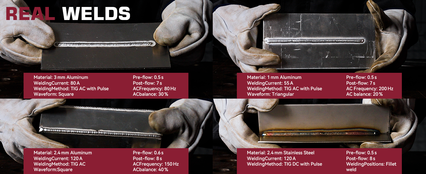 Efectos de soldadura demostrados con diferentes espesores de aluminio.