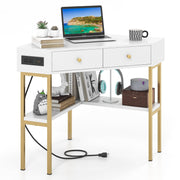 Tangkula Corner Desk with 2 Drawers & Built-in Charging Station, 90 Degrees Triangle Corner Computer Desk