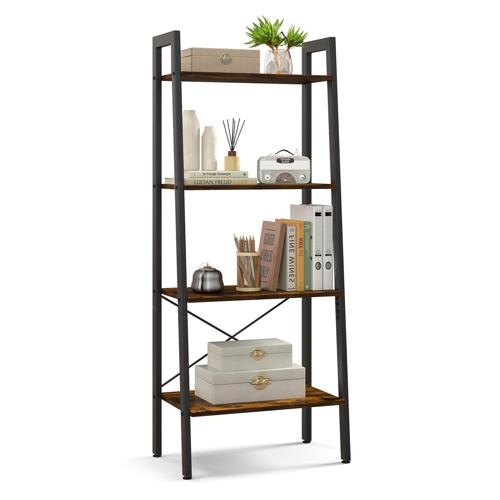 Tangkula Industrial 4 Tier Ladder Shelf Against The Wall Bookcase