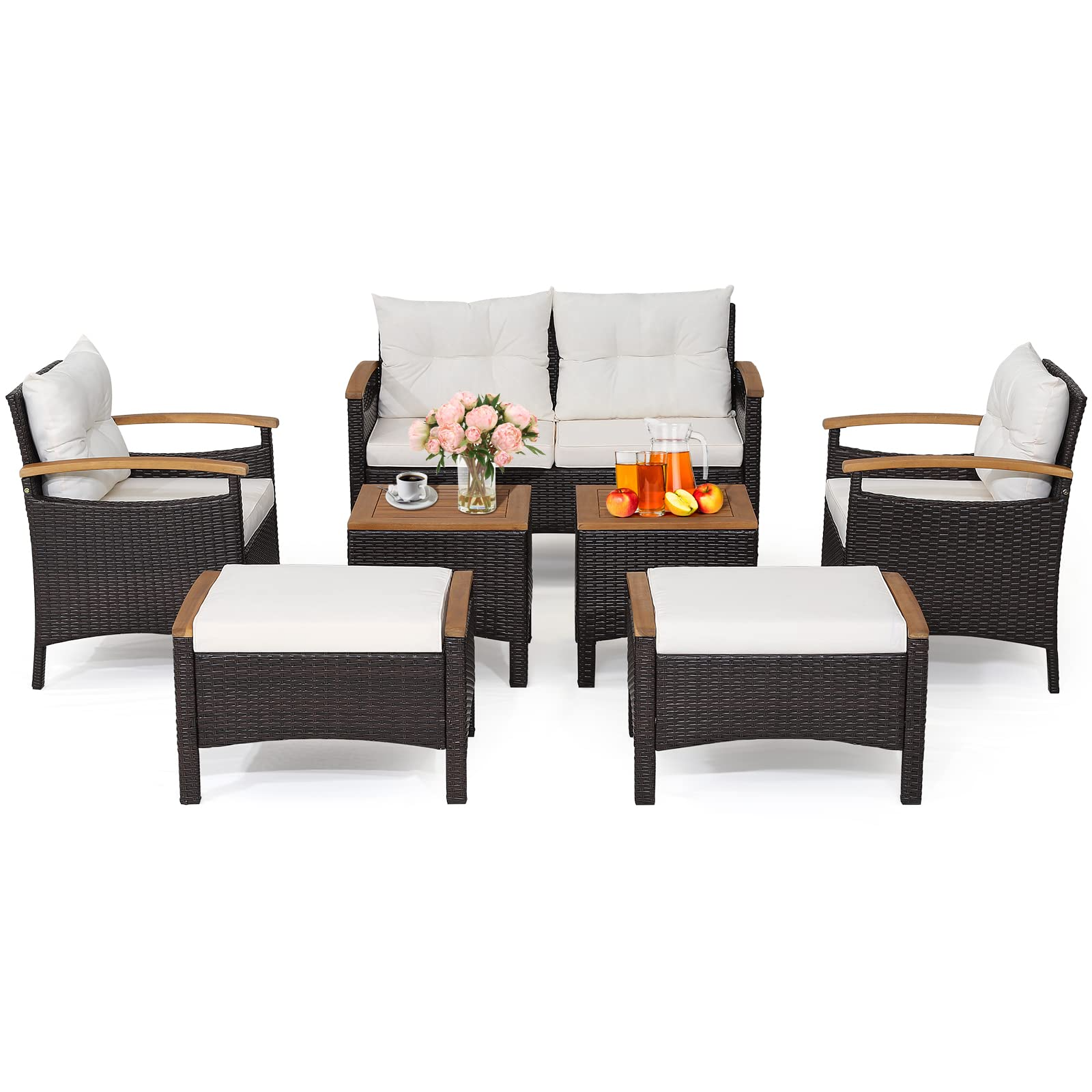 Tangkula 7 Pieces Patio Rattan Sofa Set, Outdoor Wicker Conversation Set