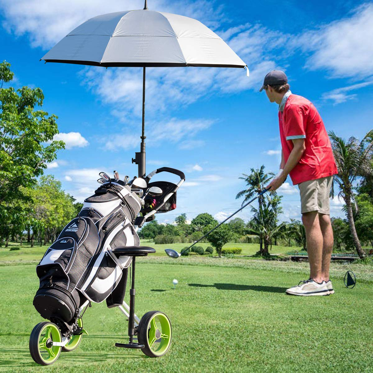 Tangkula Golf Push Cart with Seat, Lightweight Folding 3 Wheels Golf Pull Cart, Golf Trolley with Scoreboard Bag Foot Brake