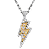 14k Gold Plated Lightning Bolt Hip Hop CZ Fully Iced Pendant Necklace, Gold & Silver