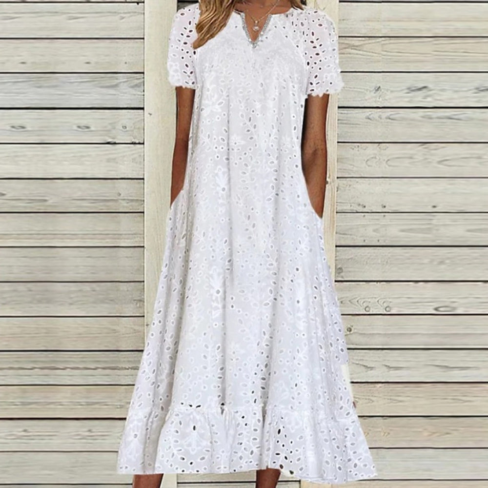 White Eyelet Lace Short Sleeve Side Pocket Midi Dress – fyges