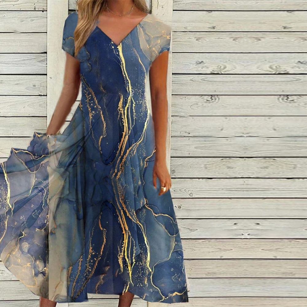 Golden Blue Ocean Wave Marble Print Midi Dress – Enzug