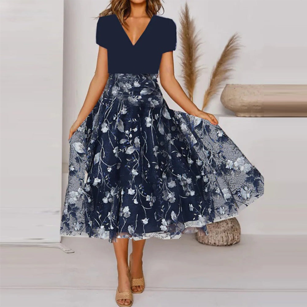 Navy Short Sleeve Sheer Floral Print Layered Midi Dress – deuyo