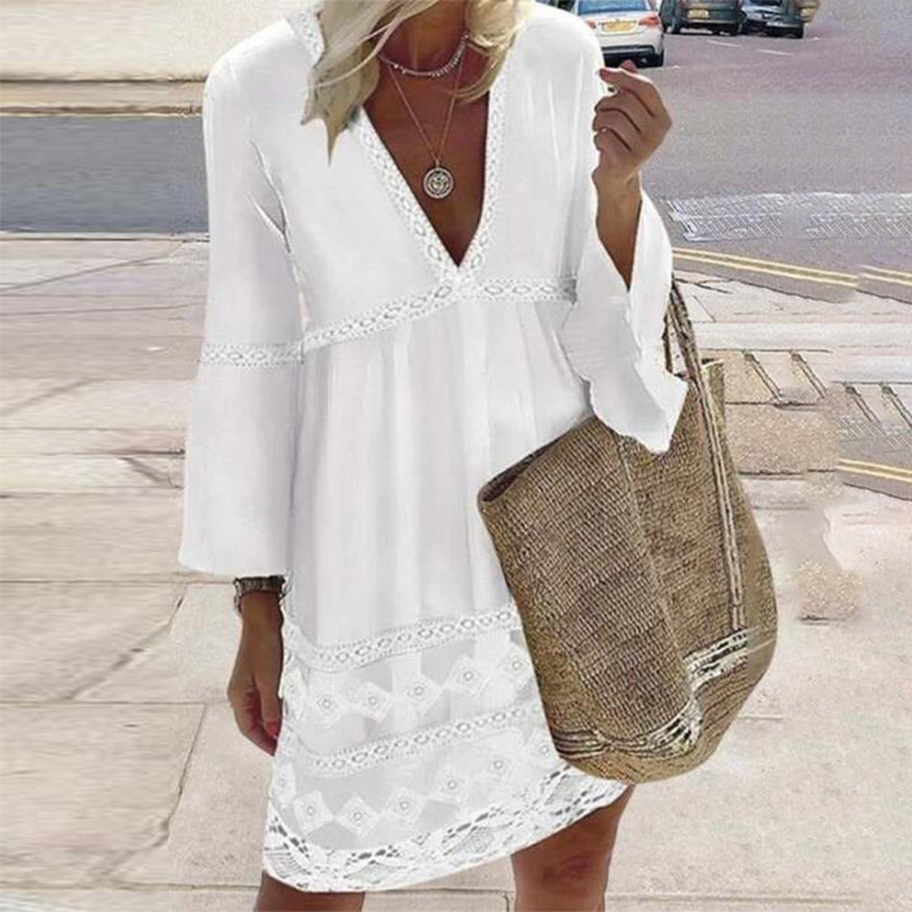 Fresh White Long Sleeve V-Neck Eyelet Mini Dress – aderez