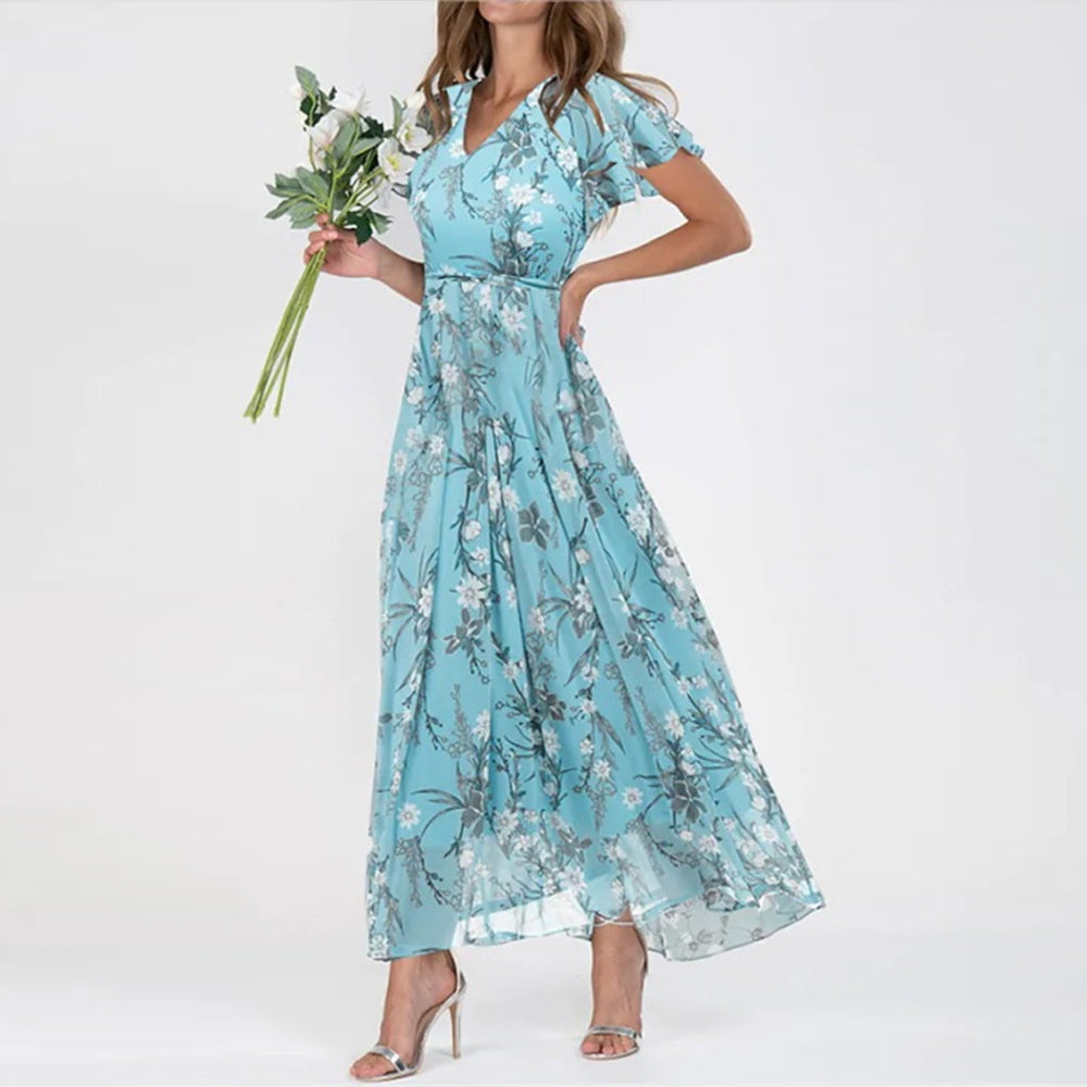 Turquoise Skies Blue Garden Print Short Sleeve Maxi Dress – Fyges