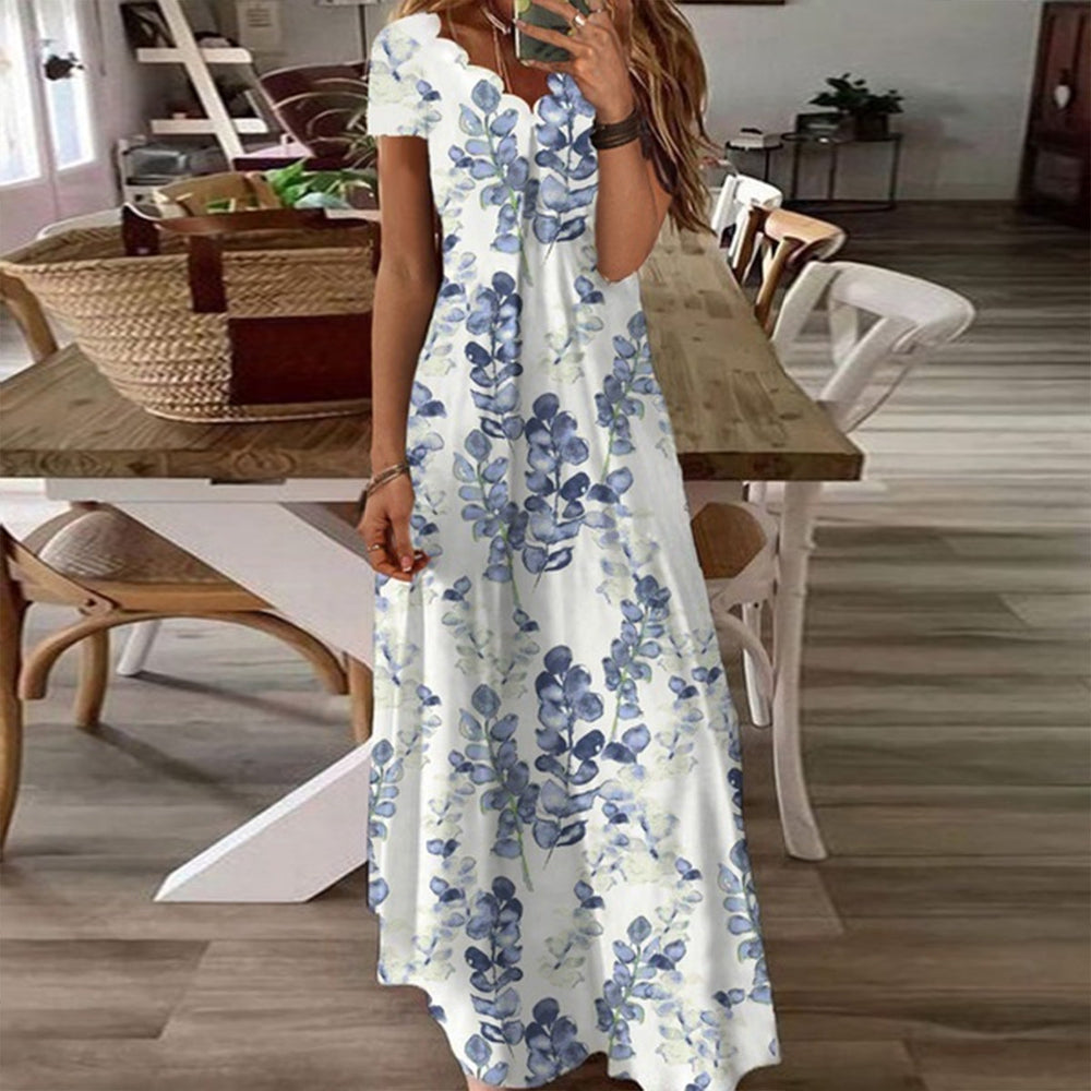 Blue Leaf Garden White Short Sleeve V-Neck Maxi Dress – rafoa