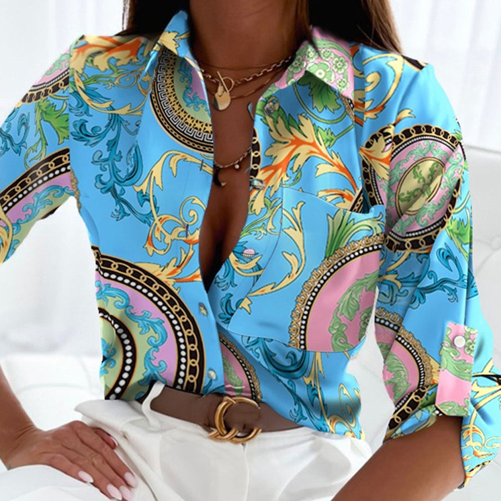 Gold Necklace Chain Print Aqua Blouse Top – Syzell