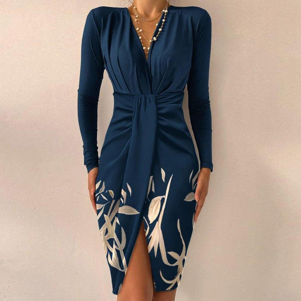 Floral Blue V-Neckline Ruched Front Slit Mini Dress – chrotta-new
