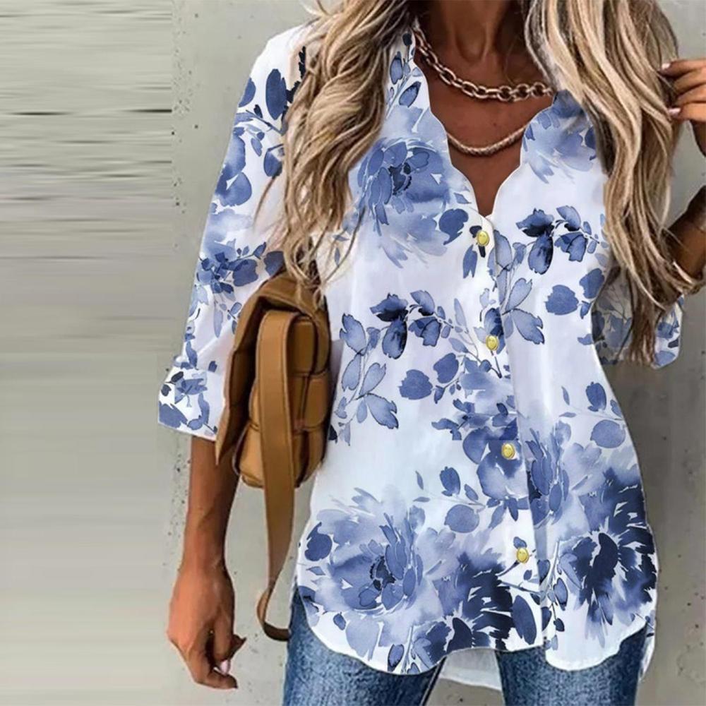 Blue and White Watercolor Flower Button Front Blouse – abilvia