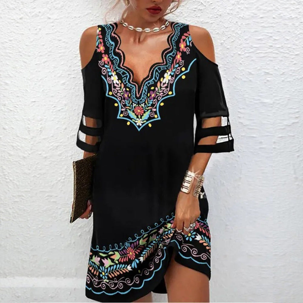 Colorful Ethnic Print Cold Shoulder Black Cut Out Mini Dress – altuy