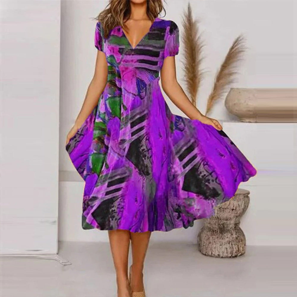Purple Print Short Sleeve Midi Dress – lsoru