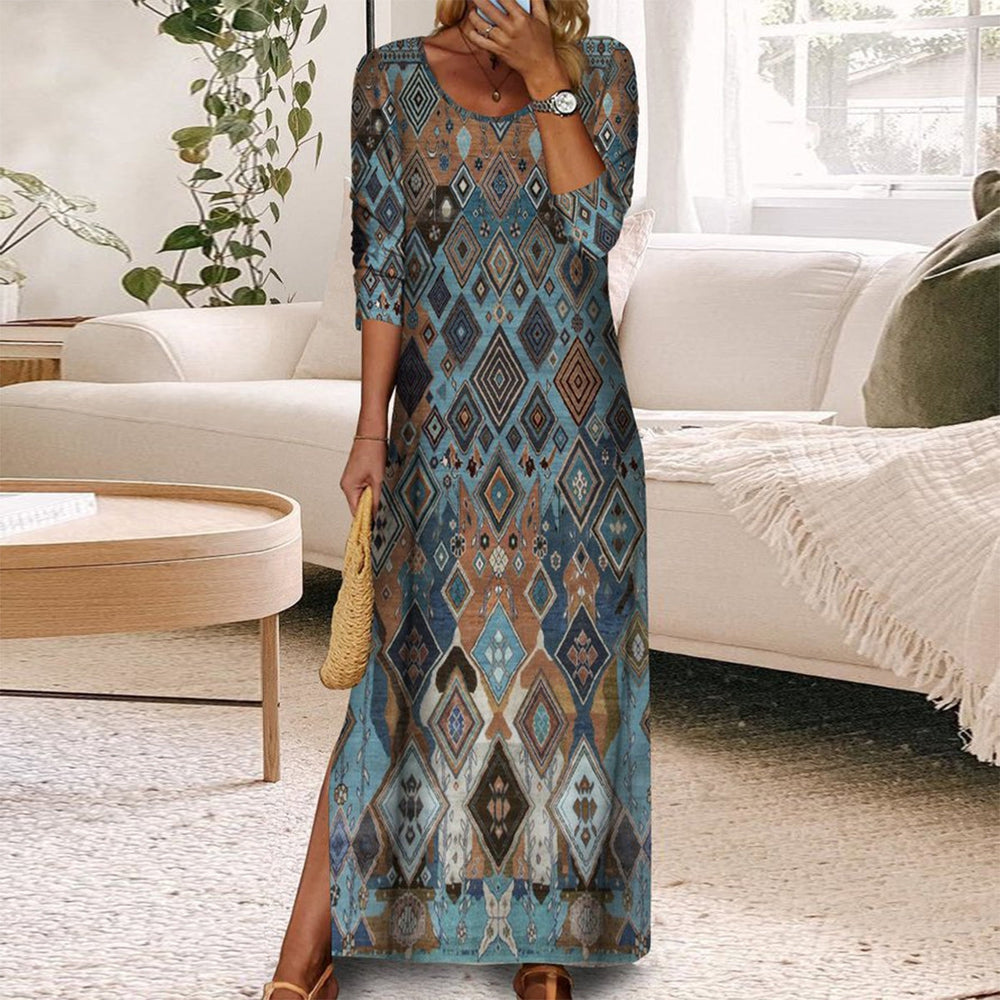 Retro Long Sleeve Print Maxi Dress – klynu