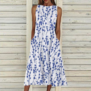 High Neck Sleeveless Blue Flower White Midi Dress – lsoru