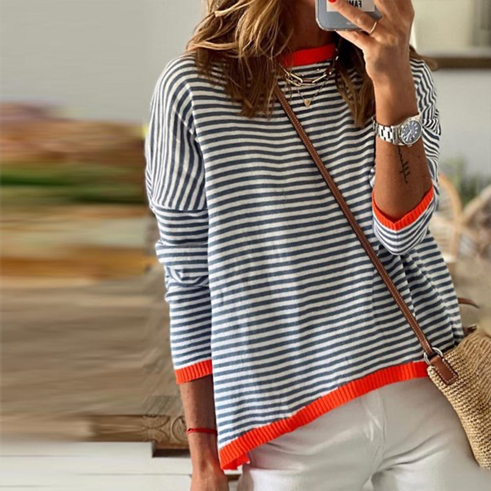 Orange Trim Navy And White Stripe Long Sleeve Top Asjua 