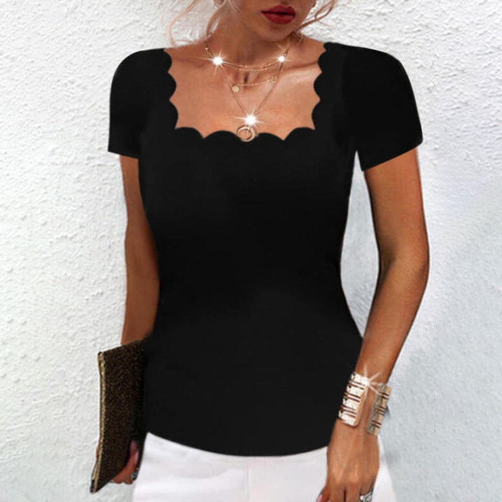 Black Laser-Cut Square Neckline Short Sleeve Top – tilose