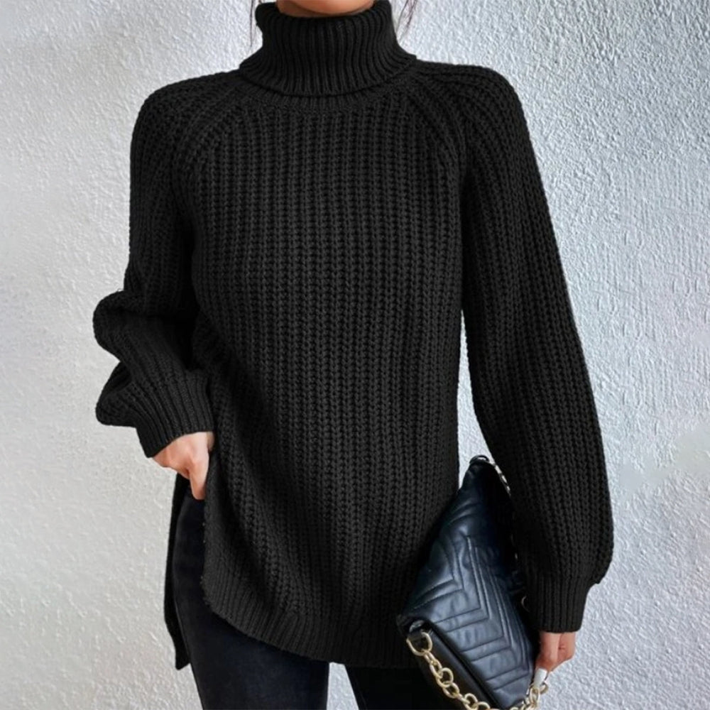 Black Long Sleeve High Turtleneck Slouchy Ribbed Sweater – vufyo