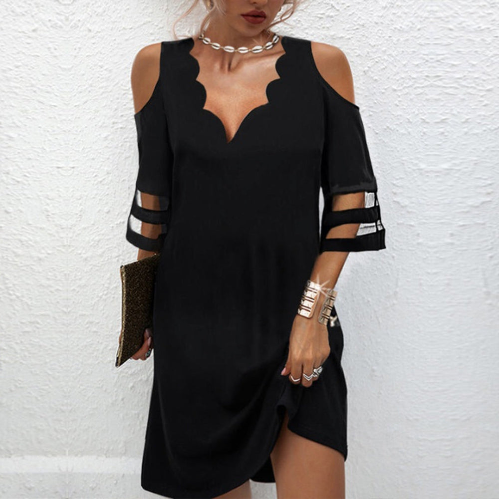 Cut-Out V-Neck Stripe Sleeve Cold Shoulder Mini Dress – reyhy