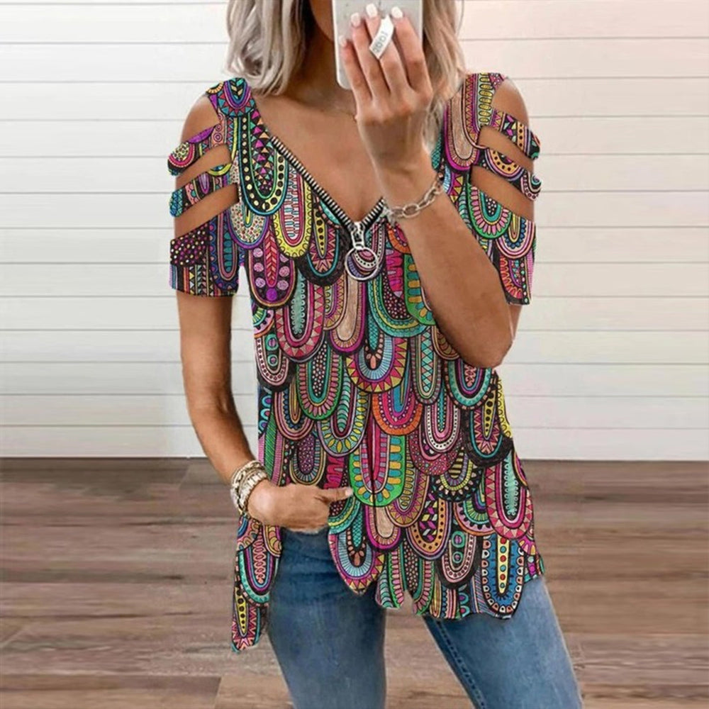 Strappy Caged Sleeve Colorful Retro Short Sleeve Top – capatee-new