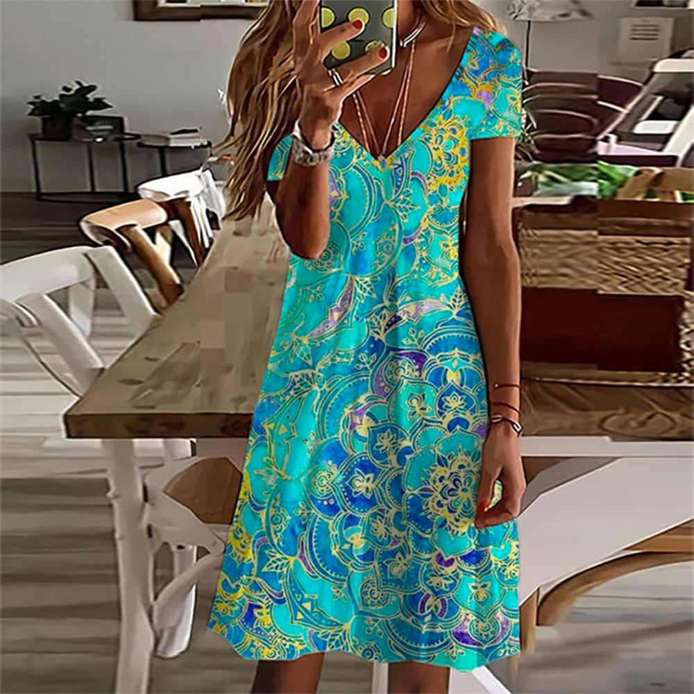 Ocean Blue Mandala Print Short Sleeve Knee-Length Mini Dress – duefe