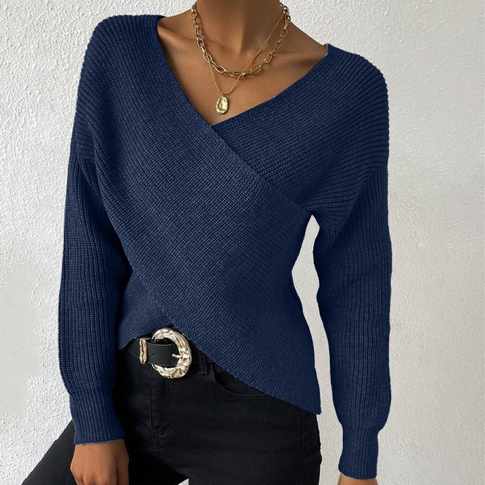 Trendy Long Sleeve Navy Plain Sweater – ruturo