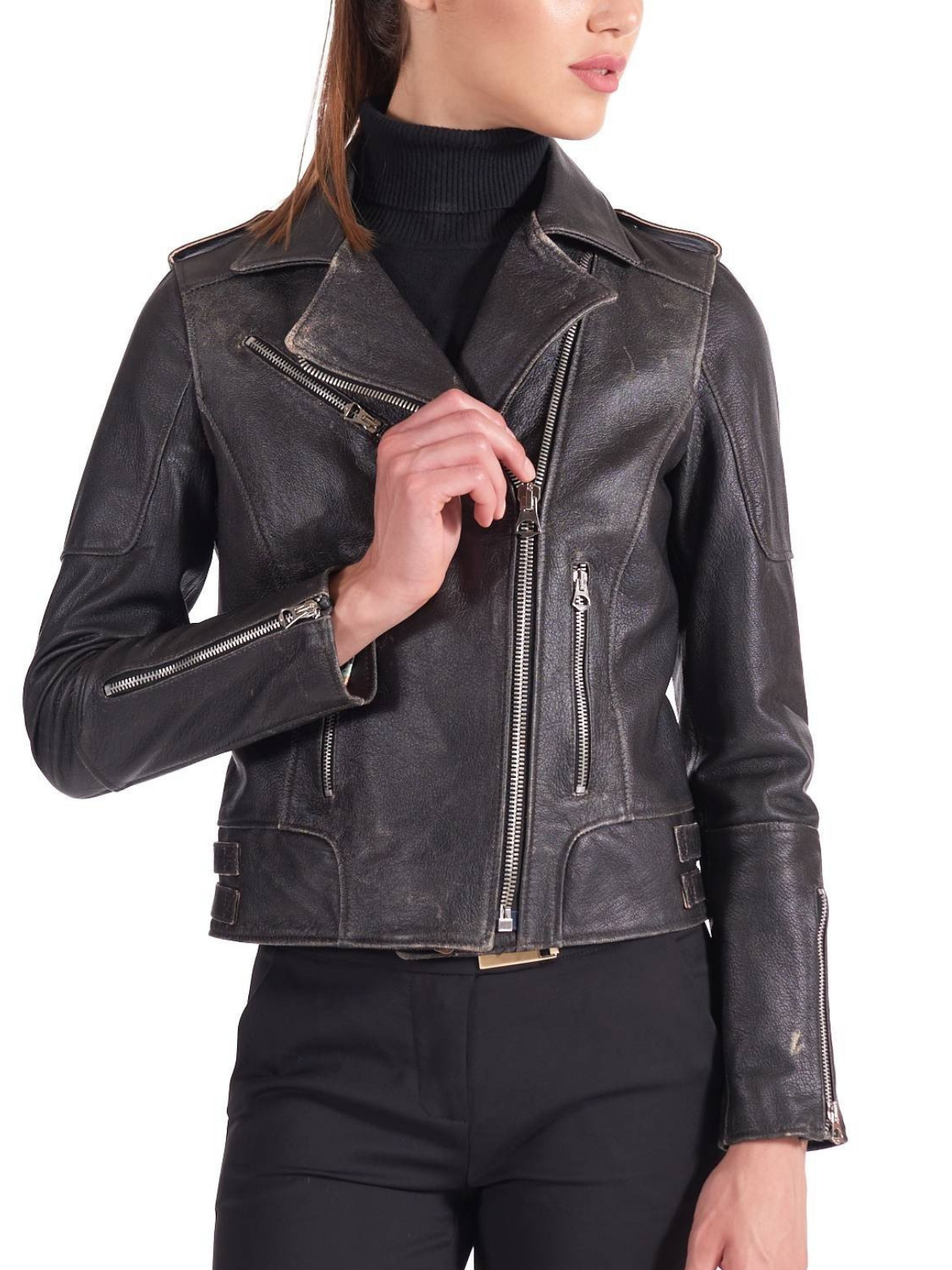 Black hand made Women Asymmetrical style Leather Biker Jacket - Bonesh ...