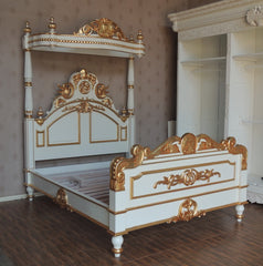 half tester Victorian bed in white and real gold leaf